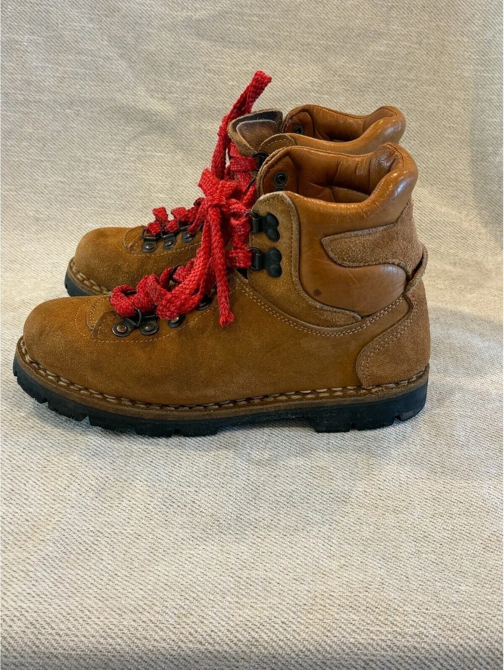 Vintage Kinney Colorado Suede Hiking Boots Vibram Sole Red Laces Men 7 Women 8.5